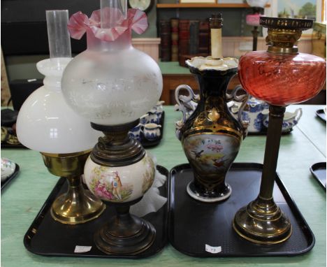 A 19th Century porcelain vase, converted to a table lamp plus various others and shades