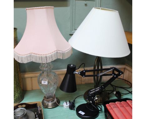 Three lamps including a moulded glass example, an anglepoise and a table lamp