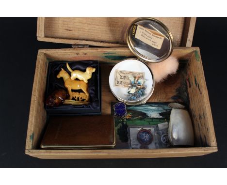 A mixed lot including costume brooches, trinket boxes, model animals etc