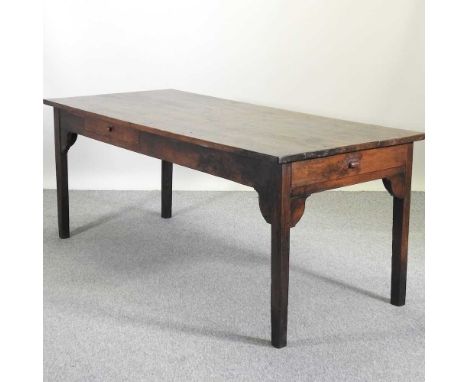 A 19th century French elm farmhouse kitchen table, with a plank top, containing two frieze drawers, on square legs185w x 82d 