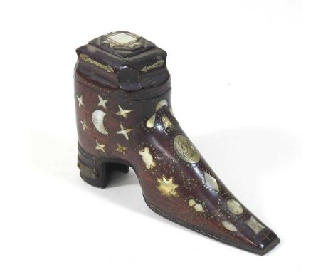 A 19th century treen and mother of pearl inlaid novelty snuff box, in the form of a shoe, 13cm longCondition report: Is basic