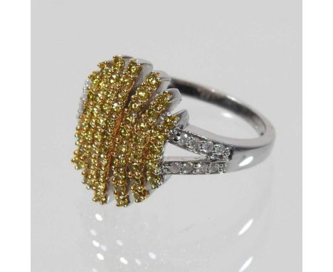 A 9 carat gold white and yellow diamond cluster ring, 5.5g, size Q, boxed with certificate