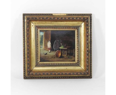 English school, 19th century, cottage interior with a child playing, oil on panel, 17 x 18cm