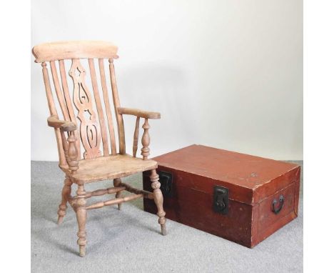 A splat back armchair, together with a painted trunk and a square wooden trug (3)trunk 82w x 54d x 36h cm