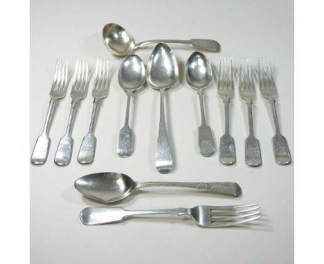 A set of six early 20th century silver fiddle pattern dessert forks, London 1915/16, 17cm long, together with a Victorian for