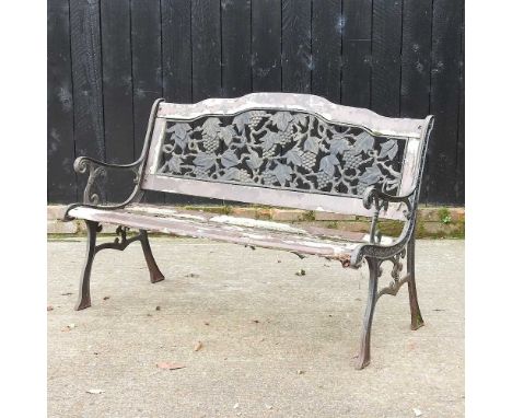 A green painted metal and wooden garden bench, 125cm