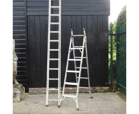 An aluminium ladder, in two sections, together with a stepladder (2)