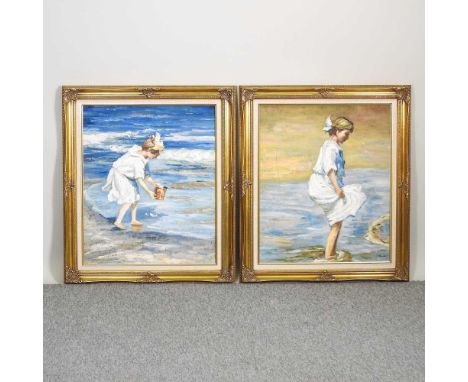 English school, 20th century a pair of beach scenes with a child playing, oil on canvas, each 60 x 50cm