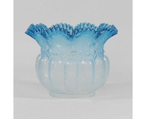 A Victorian blue etched glass light shade, with a frilled edgeCondition report: Various tiny chips around the base, where the