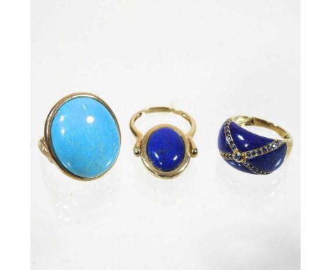 A 9 carat gold ring, together with a tigers eye and lapis double-sided ring and a blue enamelled ring, 22g gross, all size R 