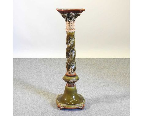 An early 20th century green glazed jardiniere stand, 92cm highCondition report: Overall complete and solid, but dirty. One fo