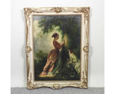 Continental school, 20th century, portrait of a lady carving initials into a tree, oil on canvas, 68 x 48cm