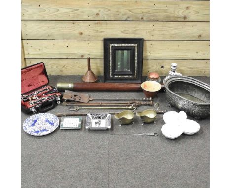 A 19th century silver plated planter, on paw feet, 40cm wide, together with a collection of silver plate, a Dolland telescope