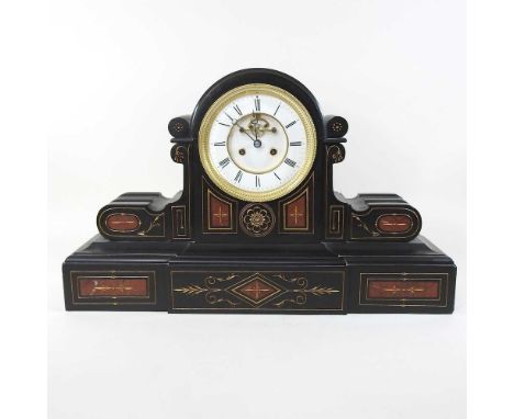 A large Victorian black slate mantel clock, with a white enamel dial59w x 17d x 37h cm