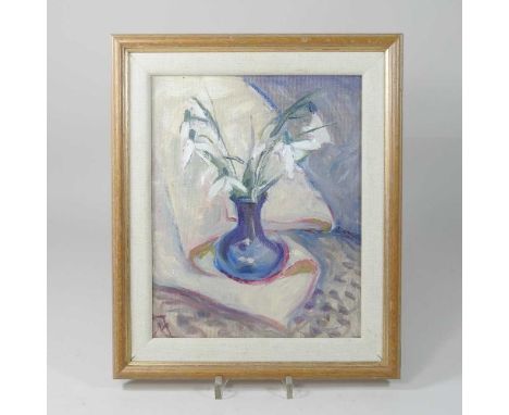 Margaret Thomas, 1916-2016, Snowdrops, signed with monogram, oil on board, bearing a gallery label for the Summer Madness Exh
