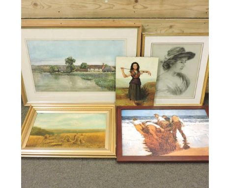 G Lucas, 20th century, harvest, oil on canvas, 29 x 50cm, together with a 20th century pencil portrait, a large cottage lands