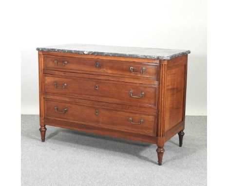 A good 19th century French walnut commode, with a shaped marble top, over three long drawers, on turned feet128w x 58d x 89h 
