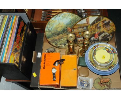 Box of LPs and box of candlesticks, wall plaques, Black &amp; Decker accessories, Border Fine Art deer ornament and a badger 