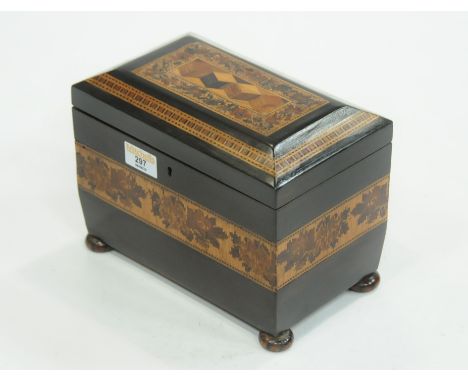 Late Victorian Tunbridge ware tea caddy with marquetry and parquetry design