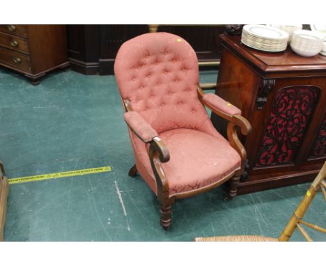 Victorian oak pink patterned button back chair