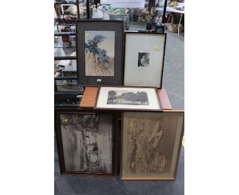 Five pictures to include print of sheep shearing and snow scene print