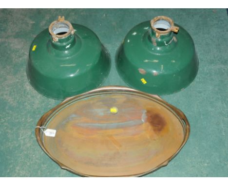 Galleried tray and two enamelled vintage light ceiling fittings