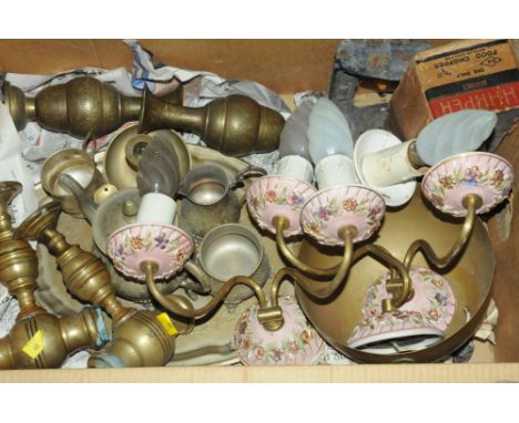 Box of light fittings, brassware, last etc