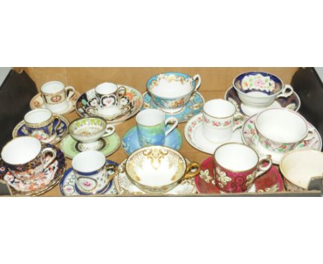Box of tea cups and saucers, coffee cans and saucers to include Coalport, Copeland China, Cauldon etc