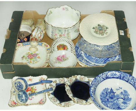 Box of plates, teacups, saucers, blue and white sauce ladles, Aynsley planter etc