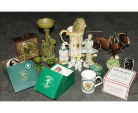 Box of Crown Staffordshire Coronation mugs, Wetheriggs of Penrith egg cup, various pieces of studio pottery, mantle clock Bes