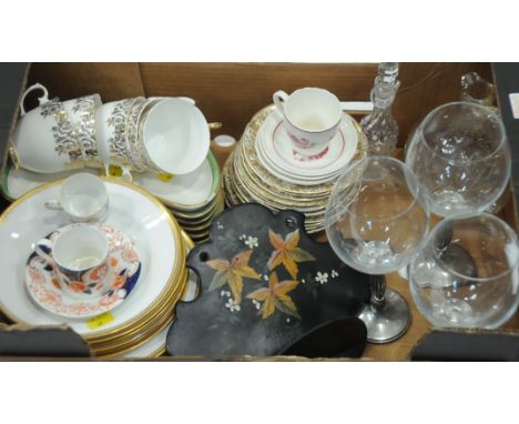 Box of 3 wine glasses, cut glass decanter, teacups, saucers, Crown Staffordshire coffee can and saucer and a papier mache wal