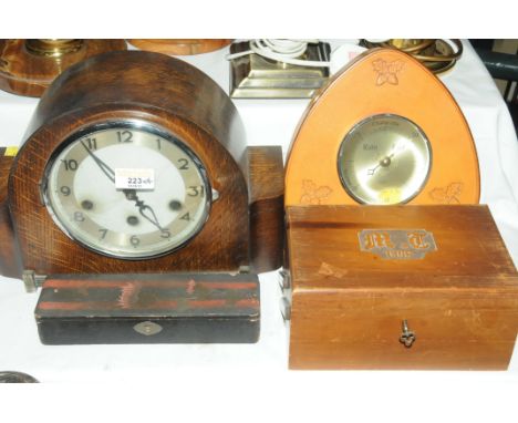 Oak mantle clock and a barometer, a box with carved lid dated 1906 and an oriental lacquered box