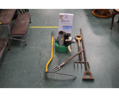 Wilko Gothic arch, tools (dutch hoe etc.), double chimney greenhouse heater, etc.