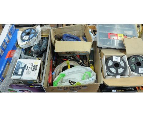 Two boxes of tools and accessories, clamps, spanners, pliers, screwdrivers, fishing weights and feeders, cupboard hinges, Bla