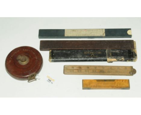 E Preston &amp; Sons Birmingham 6" ruler with combined spirit level, GT Earle of Hull Surveyors cardboard rule, slide rule st