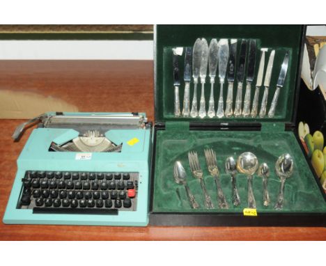 Harrods box of Kings pattern cutlery and a vintage typewriter