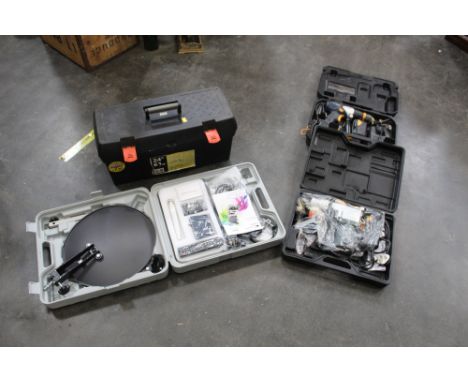 Plastic toolbox with tray, 2 cased tools to include a McAllister drill, drill, solder iron, spray, HD portable satellite syst