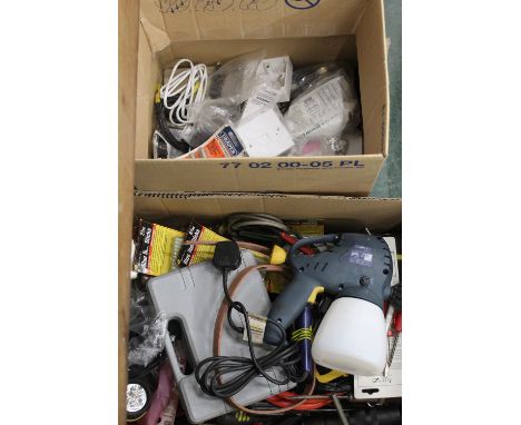 Two boxes of switches, tools etc