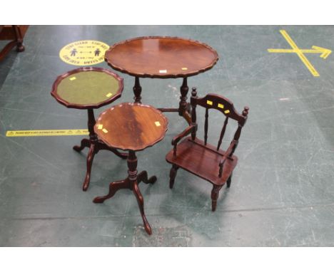 Two tripod tables, a small childs chair &amp; reproduction coffee table