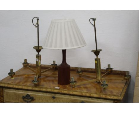 Two metal light fittings &amp; table lamp with wooden base