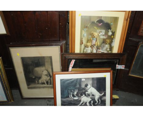 Three dog prints, Teddy Bear print &amp; oak framed rectangular mirror