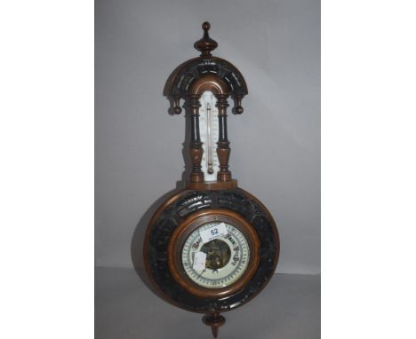A fine early 20th century banjo style barometer with enamel dial and mercury thermometer