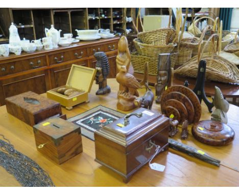 A George III style mahogany tea caddy, various other timber boxes and carvings, and an Art Deco costume accessory