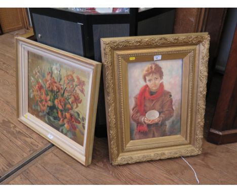 A portrait of a boy dressed as a beggar Oil on canvas 39cm x 26cm A still life of flowers by Margo Chapman oil on canvas 39cm