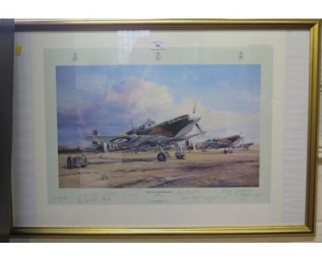 After Robert Taylor 'Eagle Squadron Scramble' - American Eagle Pilots of 71 squadron Lithograph with eleven pencil signatures