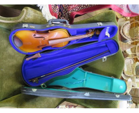 A Chinese viola by Lark, length of back 40.5cm with bow and case, and another case