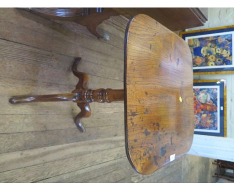A George III elm tripod table, the square top with moulded edge over a turned stem with cabriole legs and pad feet, top 53cm 