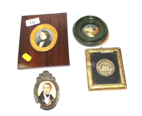 An early 19th centrury miniature portrait of a young gentleman 6cm high in a rosewood frame, a cut paper silhouette of Lorton
