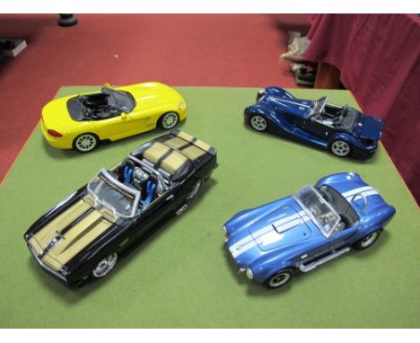 Four 1:18 Scale Diecast Vehicles, Maisto Morgan Aero, Road Signature Shelby Cobra 427 S/C, Maisto 1968 Chevrolet Camaro, ERTL