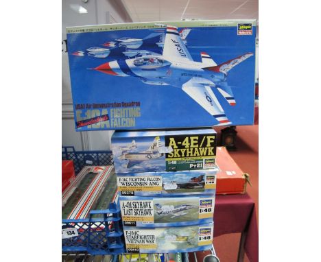 Five Boxed Hasegawa 1:48th Scale Plastic Aircraft Kits, #09378 F-16C Fighting Falcon 'Wisconsin Ang', #09611 A-4M Sky Hawk 'L